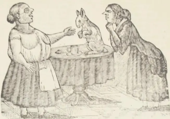 Ilustración en blanco y negro de dos mujeres de época junto a una mesa; sobre la mesa hay una taza y un conejo sentado. Una mujer señala al conejo y la otra observa con atención.