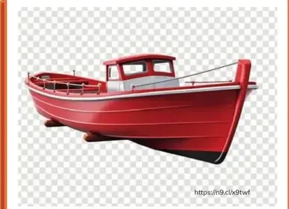 Barco rojo volcado de lado sobre fondo blanco transparente.
