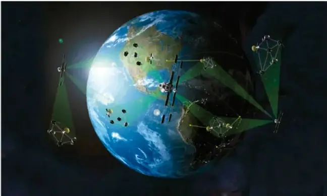 Ilustración de la Tierra rodeada de satélites artificiales y haces de comunicación en el espacio.