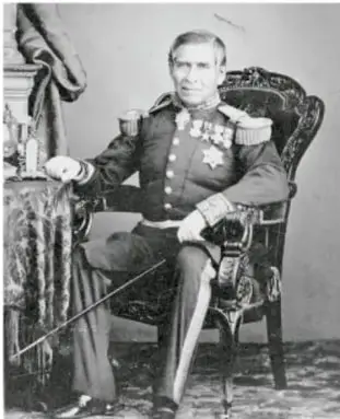 Retrato del general Miguel Miramón, militar conservador mexicano, sentado en un sillón con uniforme de gala.