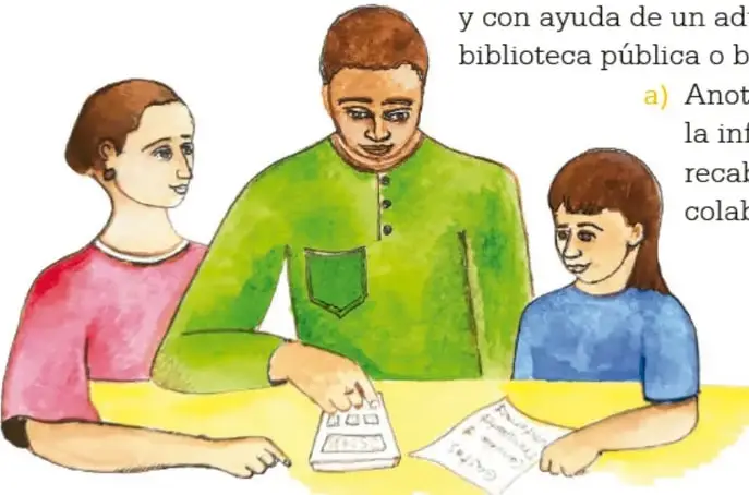 Ilustración de una familia sentada a la mesa: madre con blusa rosa, padre con camisa verde y una niña con blusa azul, consultando libros y una tableta.