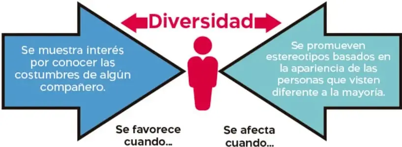 Diagrama de dos flechas opuestas con la palabra 'Diversidad' arriba y una figura humana al centro: flecha azul 'Se favorece cuando… Se muestra interés por conocer las costumbres de algún compañero' y flecha verde 'Se afecta cuando… Se promueven estereotipos basados en la apariencia de las personas que visten diferente a la mayoría'.