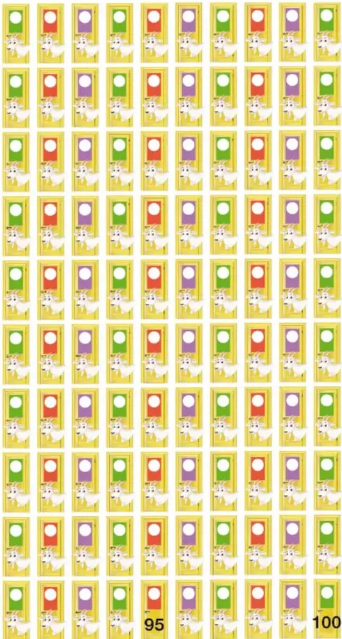 Cuadrícula de 100 puertas amarillas con círculos de colores (verde, rojo, morado) y cabras; las puertas 95 y 100 están numeradas en la parte inferior.