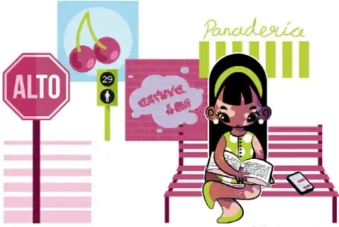 Ilustración de una niña leyendo un libro en una banca, con carteles ALTO y Panadería, representando la comunicación escrita.