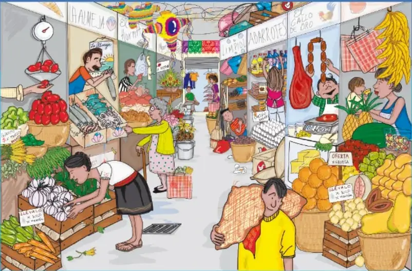 Ilustración detallada de un mercado mexicano con puestos de frutas (piña, plátanos, sandía), verduras, cárnicos, flores de cempasúchil, cobrería y compradores; con rótulos de oferta y precios.