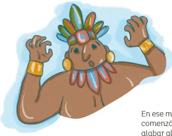 El señor de Uxmal con tocado de plumas multicolores, aretes y brazaletes de oro, alza las manos asustado y con los ojos abiertos de espanto.