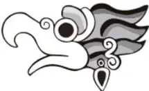 Ilustración estilizada de una serpiente emplumada o cabeza prehispánica.