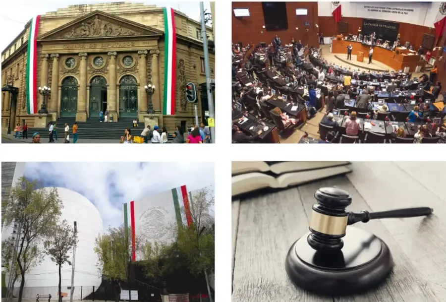 Fachada del Palacio Legislativo de la Cámara de Diputados en México, con banderas de México y personas en la entrada.