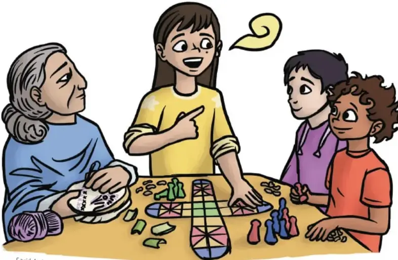 Ilustración de una abuela, una niña y dos niños alrededor de una mesa con un patolli y fichas; la niña habla y los demás escuchan.