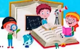 Ilustración de estudiantes que realizan actividades de escritura y trabajo colaborativo.