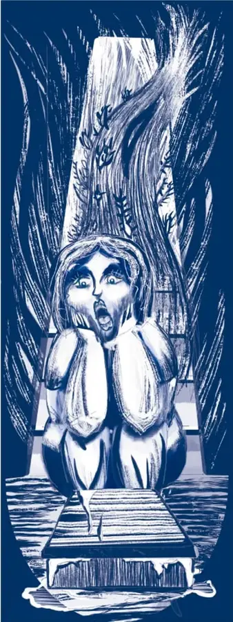 Ilustración en blanco y negro de una persona con expresión de sorpresa o miedo, con las manos en la cara, frente a una caja de madera. Al fondo, líneas verticales que sugieren un bosque o cortinas.