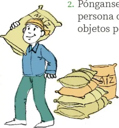 Ilustración de una persona sonriente que carga un costal grande sobre el hombro, junto a una pila de cuatro costales apilados en el suelo, algunos con etiquetas.