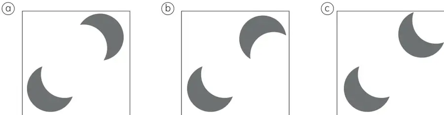 Tres recuadros con pares de lunas en distintas orientaciones.