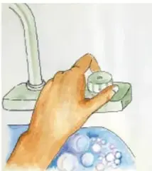 Ilustración en acuarela de una mano que cierra una llave de agua con burbujas, junto a un fregadero. Crédito: Miguel Ángel Luna Vargas, Morelos.