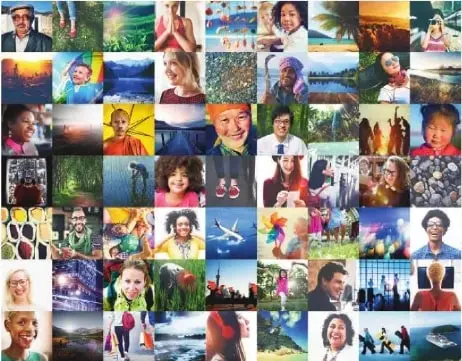 Collage de personas de diferentes edades, culturas, actividades y lugares, que representa la diversidad cultural y social.