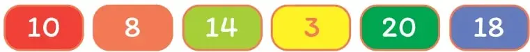Seis tarjetas de colores con los números 10, 8, 14, 3, 20 y 18.