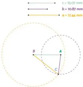 Tres segmentos de colores (c, b, a) con longitudes 15.07 mm, 10.87 mm y 17.44 mm. Debajo, dos circunferencias punteadas que se intersecan formando un triángulo con vértices A, B, C.