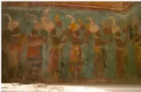 Mural de los músicos del muro sur del cuarto 1 del Templo de los murales de Bonampak, Chiapas, con figuras humanas en tonos rojizos.