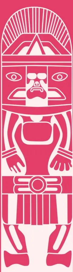 Ilustración estilizada de una figura indígena o guerrera con tocado, rostro, brazos y piernas, en color rosa sobre fondo blanco, con líneas geométricas.