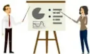 Ilustración de dos personas frente a un pizarrón con gráficas, representando la presentación de una idea de negocio.