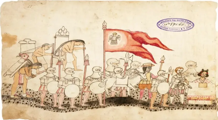 Lámina del Códice Azcatitlán (lámina XXIX): columna de soldados españoles e indígenas aliados con escudos, lanzas, cascos y un estandarte rojo; a la izquierda indígenas cargan bultos; a la derecha una persona recostada en un catre atendida por otra.