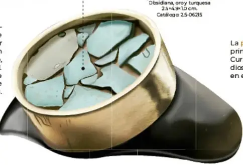 Bezote de obsidiana y turquesa con casquillo de oro.