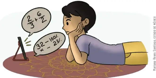 Ilustración de Santiago recostado en el suelo viendo la televisión; en globos de pensamiento aparecen operaciones matemáticas: 2/3 + 6/2 y 32 - 100/2.