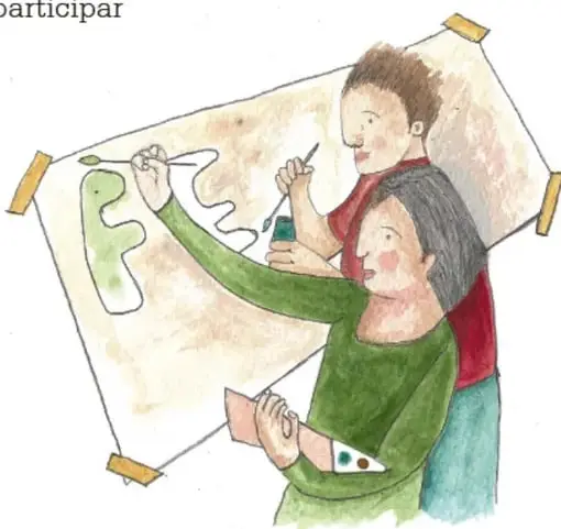 Ilustración de dos estudiantes elaborando un cartel con un dibujo verde; uno sostiene un pincel y otro un papel. Al pie dice: Adriana García Torres, Ciudad de México.
