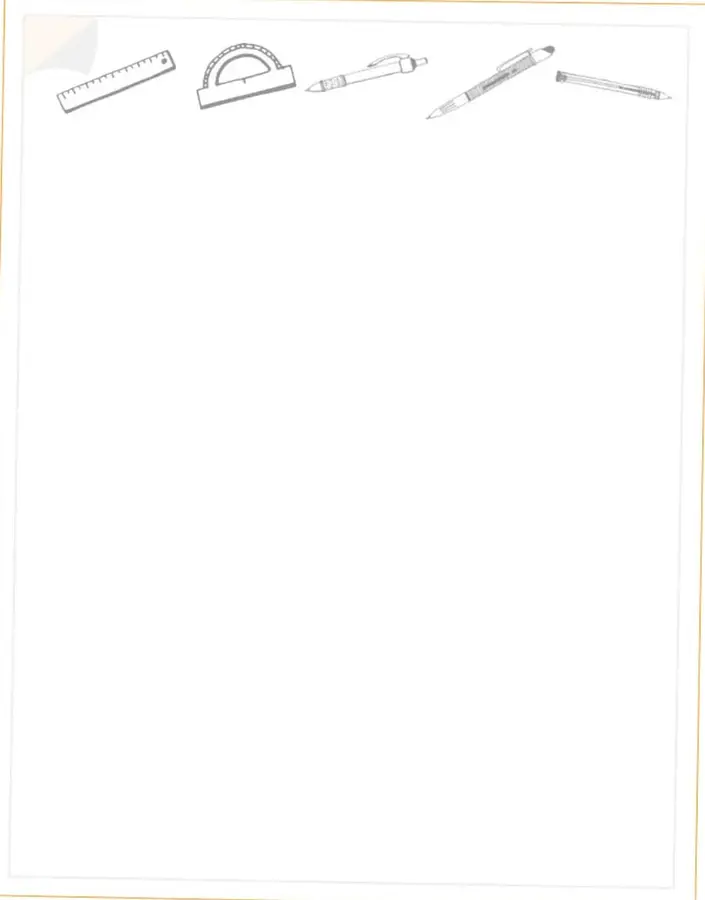 Ilustraciones de útiles escolares: regla, transportador, bolígrafo, lápiz y bolígrafo, como decoración del marco para dibujar.