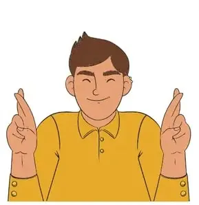 Hombre con camisa amarilla cruzando ambos dedos índice y medio (gesto crossed fingers).