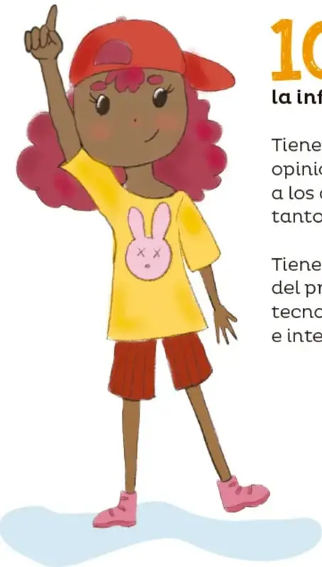 Niña con gorra roja que levanta el dedo, símbolo de la libertad de expresión y la participación.
