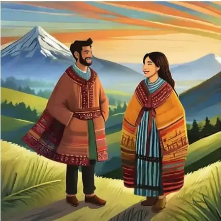 Ilustración de un hombre y una mujer indígenas sudamericanos con ponchos y vestidos tradicionales, conversando en un paisaje montañoso.