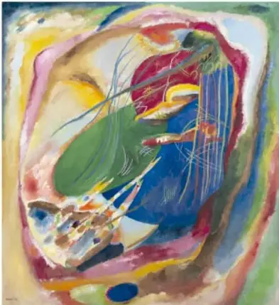 Pintura de fondo claro con una gran mancha negra superior, formas amarillas, rosas y puntos azules (pie de figura 'Pintura con tres manchas, n.º 196', 1914, según la maquetación).