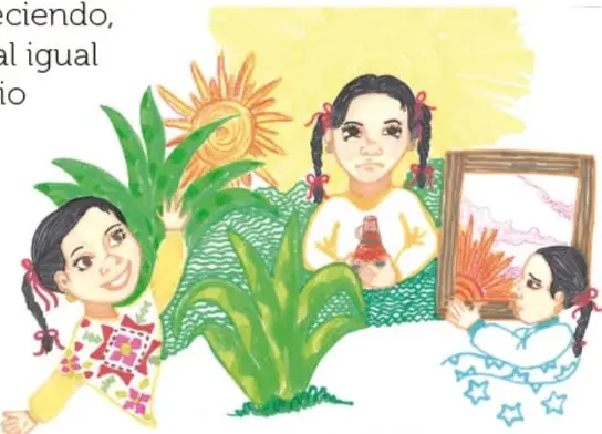 Ilustración de una niña observando el sol salir entre plantas y un recuadro con el atardecer. Crédito: Nohemí Santibáñez López, Ciudad de México.