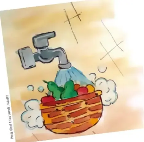 Ilustración de una llave de agua abierta cayendo sobre una canasta con frutas y verduras.