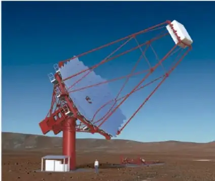 Fotografía de un telescopio Cherenkov con estructura roja y espejos segmentados, ubicado en un paisaje desértico bajo cielo azul.