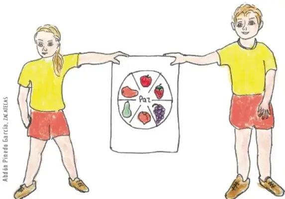 Dos niños con camiseta amarilla sostienen una tela con un plato de frutas y la palabra 'Paz'.