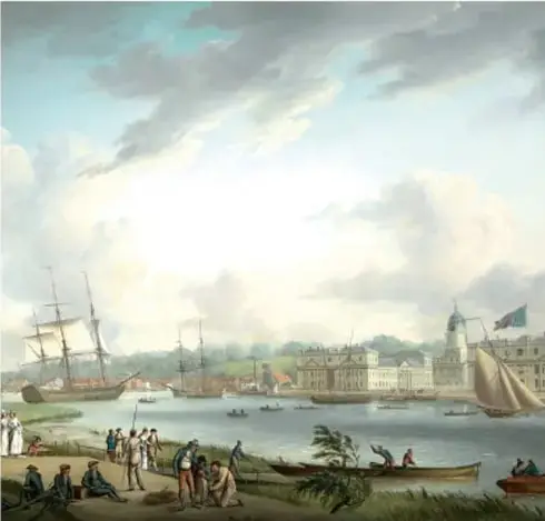 Pintura histórica que muestra un puerto con barcos, edificios y personas, probablemente representando una ciudad colonial o europea del siglo XVIII.