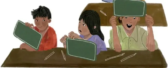 Ilustración de estudiantes en un salón de clases levantando pizarritas verdes; algunos parecen participar y otros muestran expresiones de sorpresa o desacuerdo.