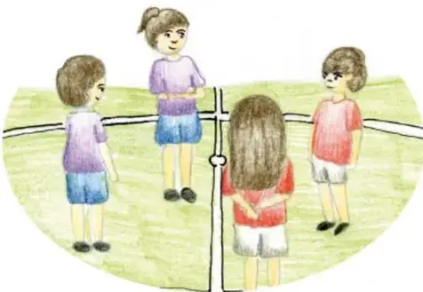 Ilustración de cuatro niñas y niños en una cancha dividida por líneas, ilustrada a mano; crédito 'Festus, Ciudad de México'.