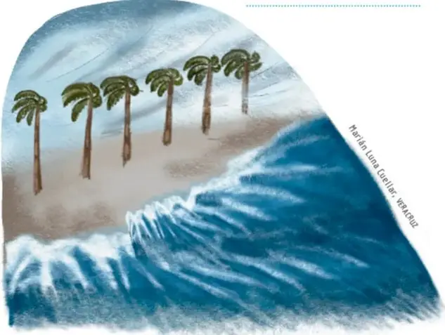 Ilustración de una playa con palmeras y olas rompiendo, con pie de foto: «Marín, Una Cuenca, Veracruz».