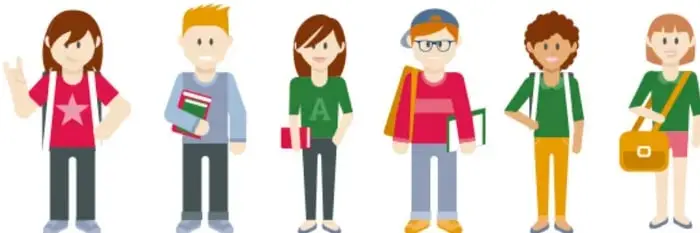 Ilustración de seis niños de pie formando una fila, representando los 6 alumnos que se ordenan en los asientos.