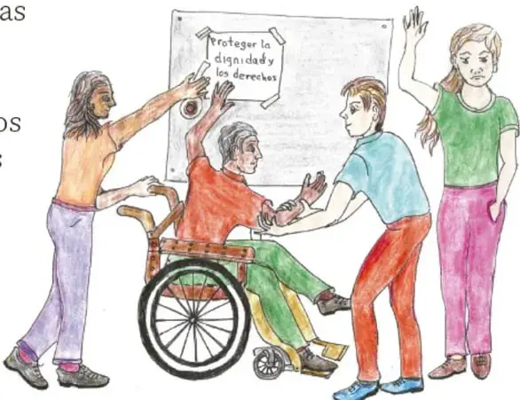 Dibujo a colores firmado por Adolfo Pinedo García, Zacatecas: cuatro personas, una de ellas en silla de ruedas, colocan sobre un periódico mural un cartel que dice 'Proteger la dignidad y los derechos'.