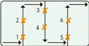 Rectángulo con flechas que muestran el recorrido en zigzag acordado para explorar el terreno.