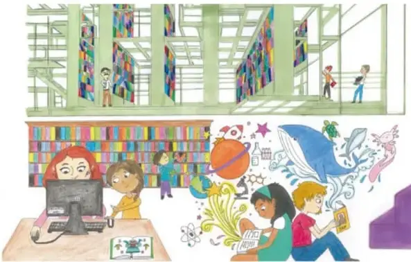 Ilustración de una biblioteca escolar con estanterías de libros, niños leyendo y usando computadoras; crédito Laura Lilian Prieto González, Ciudad de México.
