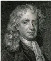 Retrato grabado de sir Isaac Newton con peluca larga.