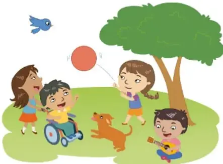 Ilustración de niñas y niños jugando al aire libre junto a un árbol, uno de ellos en silla de ruedas, de Herenia González Zúñiga, Ciudad de México.