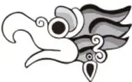 Ilustración estilizada de una cabeza de serpiente emplumada prehispánica, elemento decorativo del libro.
