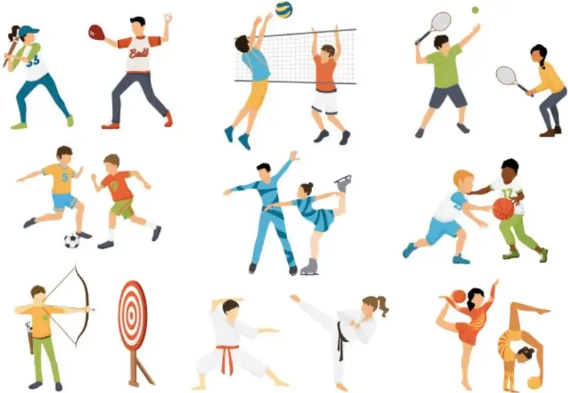 Doce escenas deportivas: béisbol, boxeo, voleibol, tenis individual y de pareja, fútbol, gimnasia rítmica, básquetbol, tiro con arco, karate, taekwondo y gimnasia artística.