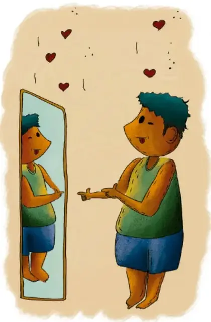 Ilustración de un niño de piel morena, cabello azul y playera verde que se observa en un espejo de cuerpo completo; sobre él flotan corazones rojos. Al pie dice: Luis Fernando Sotelo Gaspar, Querétaro.